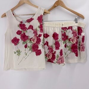 100% Silk Pajama Set, Cream with Hand-painted Roses, Small